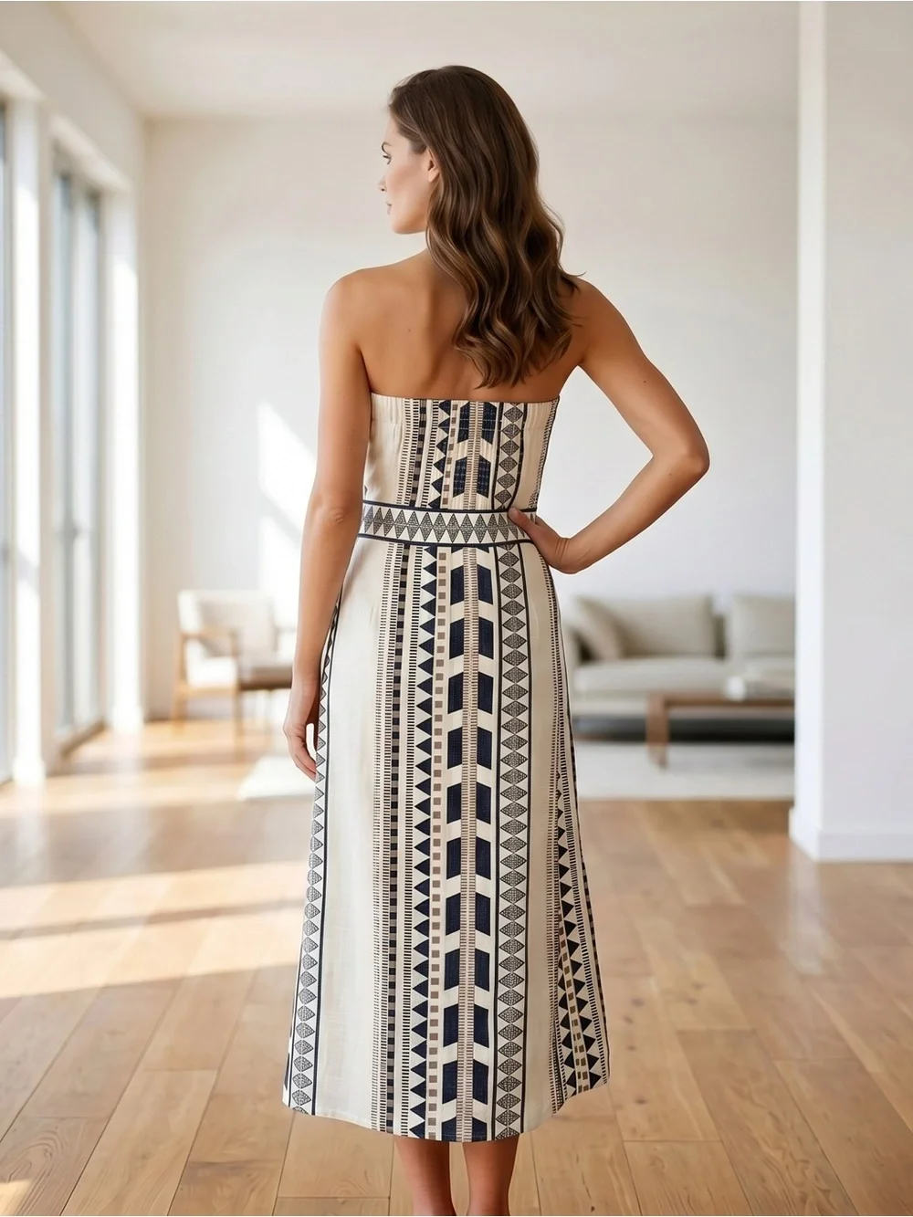 Banana Republic Strapless Geometric Midi Dress in Cream and Black - Picture 2 of 2